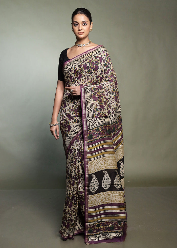 Cream Chanderi Cotton Saree With Blouse Piece
