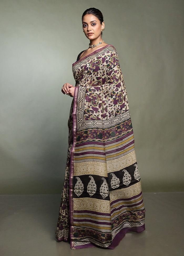 Cream Chanderi Cotton Saree With Blouse Piece