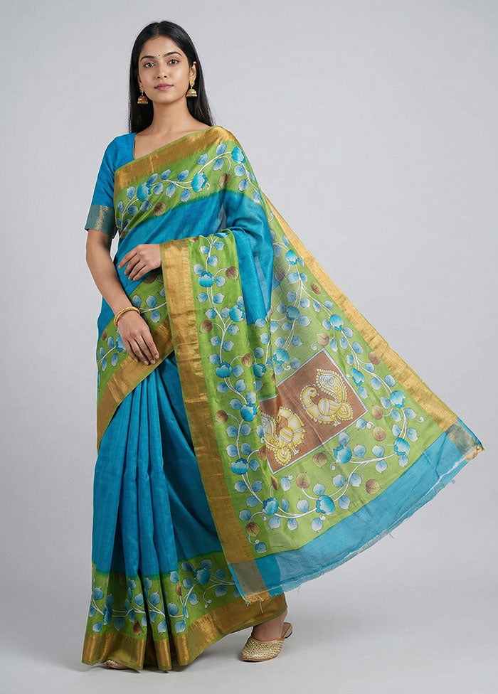 Green Handloom Tussar Pure Silk Saree With Blouse Piece