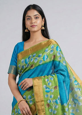 Green Handloom Tussar Pure Silk Saree With Blouse Piece