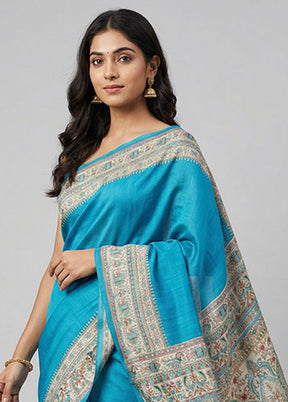 Blue Printed Silk Saree Without Blouse Piece