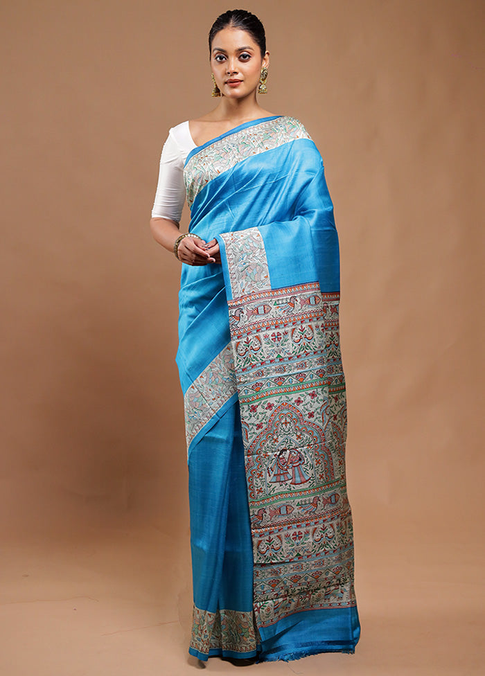 Blue Printed Pure Silk Saree Without Blouse Piece