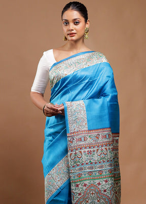 Blue Printed Pure Silk Saree Without Blouse Piece