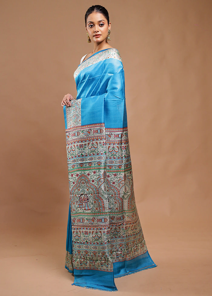 Blue Printed Pure Silk Saree Without Blouse Piece