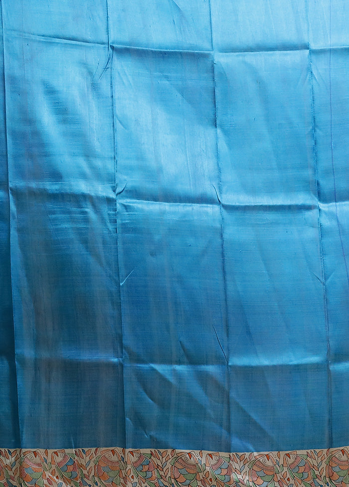 Blue Printed Pure Silk Saree Without Blouse Piece