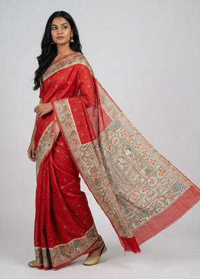 Red Printed Pure Silk Saree Without Blouse Piece