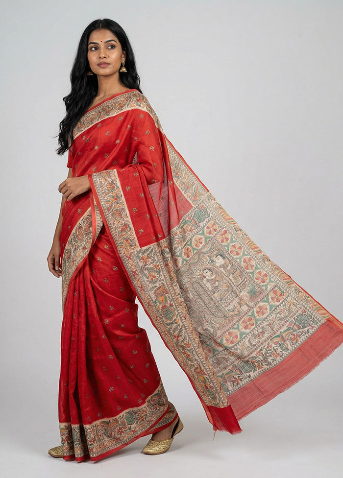 Red Printed Pure Silk Saree Without Blouse Piece
