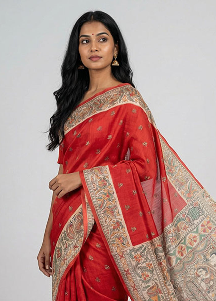 Red Printed Pure Silk Saree Without Blouse Piece