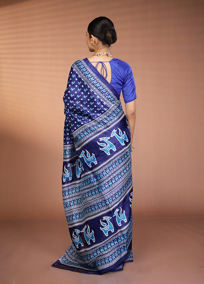 Blue Printed Pure Silk Saree Without Blouse Piece