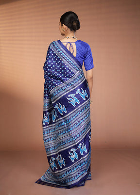 Blue Printed Pure Silk Saree Without Blouse Piece