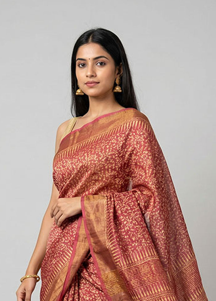 Pink Handloom Tussar Silk Saree With Blouse Piece