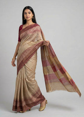 Cream Handloom Tussar Pure Silk Saree With Blouse Piece