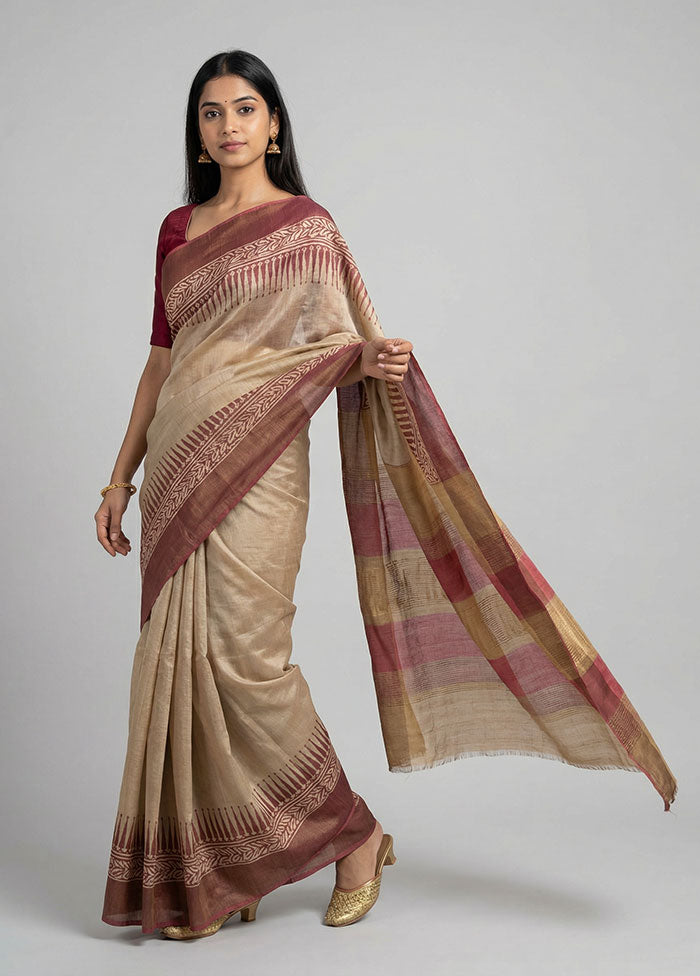 Cream Handloom Tussar Pure Silk Saree With Blouse Piece