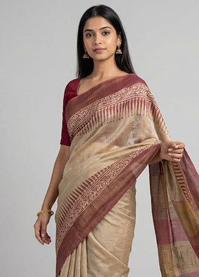 Cream Handloom Tussar Pure Silk Saree With Blouse Piece