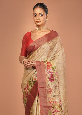 Cream Handloom Tussar Pure Silk Saree With Blouse Piece