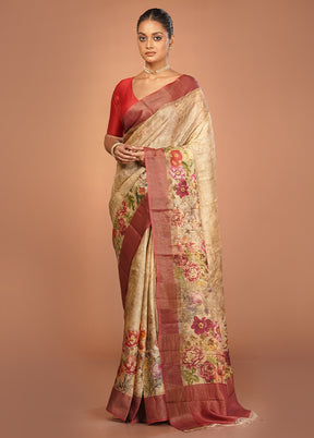 Cream Handloom Tussar Pure Silk Saree With Blouse Piece