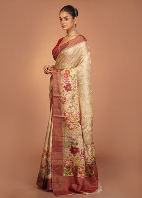 Cream Handloom Tussar Pure Silk Saree With Blouse Piece