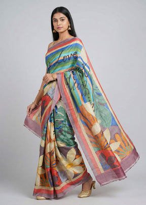 Cream Handloom Tussar Pure Silk Saree With Blouse Piece