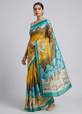 Yellow Handloom Tussar Pure Silk Saree With Blouse Piece