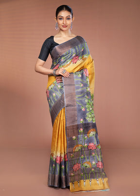Yellow Handloom Tussar Pure Silk Saree With Blouse Piece