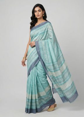 Green Handloom Tussar Pure Silk Saree With Blouse Piece