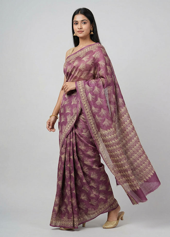 Purple Handloom Tussar Pure Silk Saree With Blouse Piece