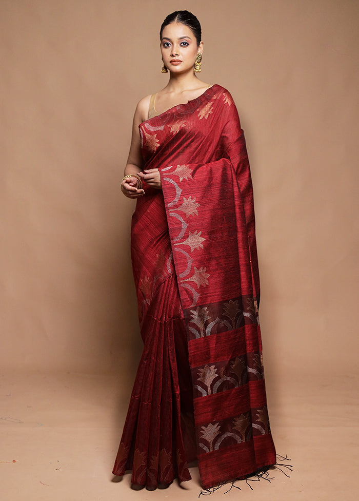 Maroon Handloom Matka Pure Silk Saree With Blouse Piece