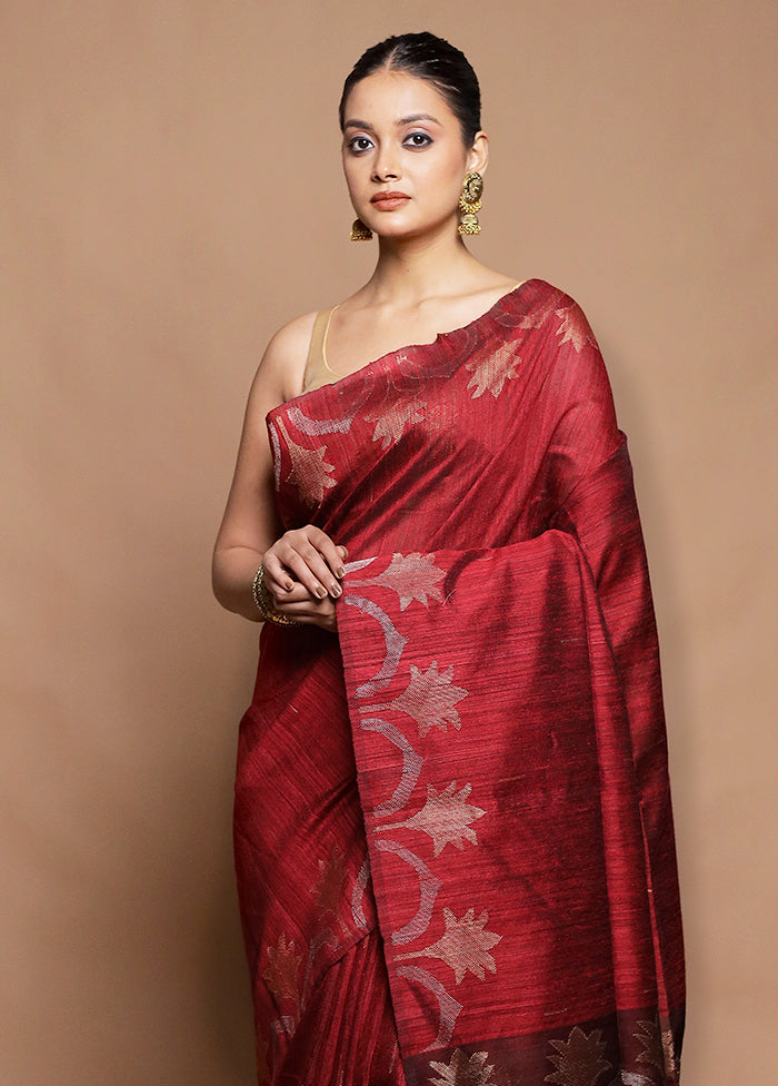 Maroon Handloom Matka Pure Silk Saree With Blouse Piece