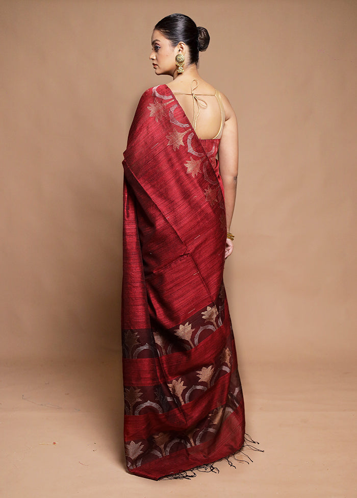 Maroon Handloom Matka Pure Silk Saree With Blouse Piece