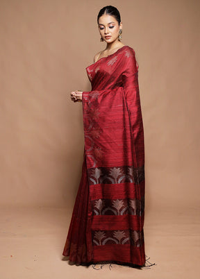 Maroon Handloom Matka Pure Silk Saree With Blouse Piece
