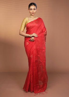 Red Handloom Matka Pure Silk Saree With Blouse Piece