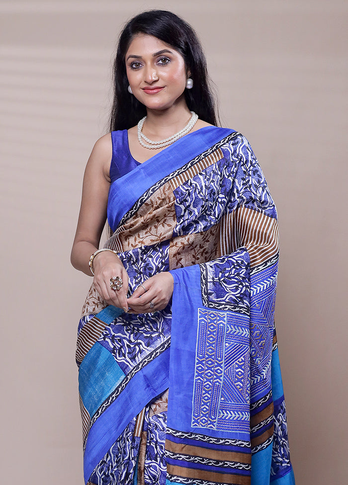 Blue Printed Pure Silk Saree With Blouse Piece