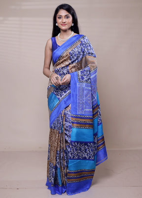Blue Printed Pure Silk Saree With Blouse Piece