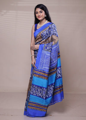 Blue Printed Pure Silk Saree With Blouse Piece