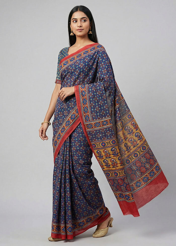 Blue Printed Pure Silk Saree Without Blouse Piece