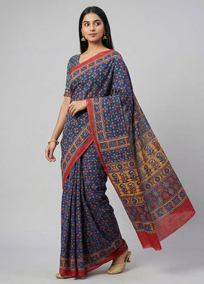 Blue Printed Pure Silk Saree Without Blouse Piece
