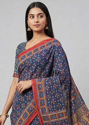 Blue Printed Pure Silk Saree Without Blouse Piece