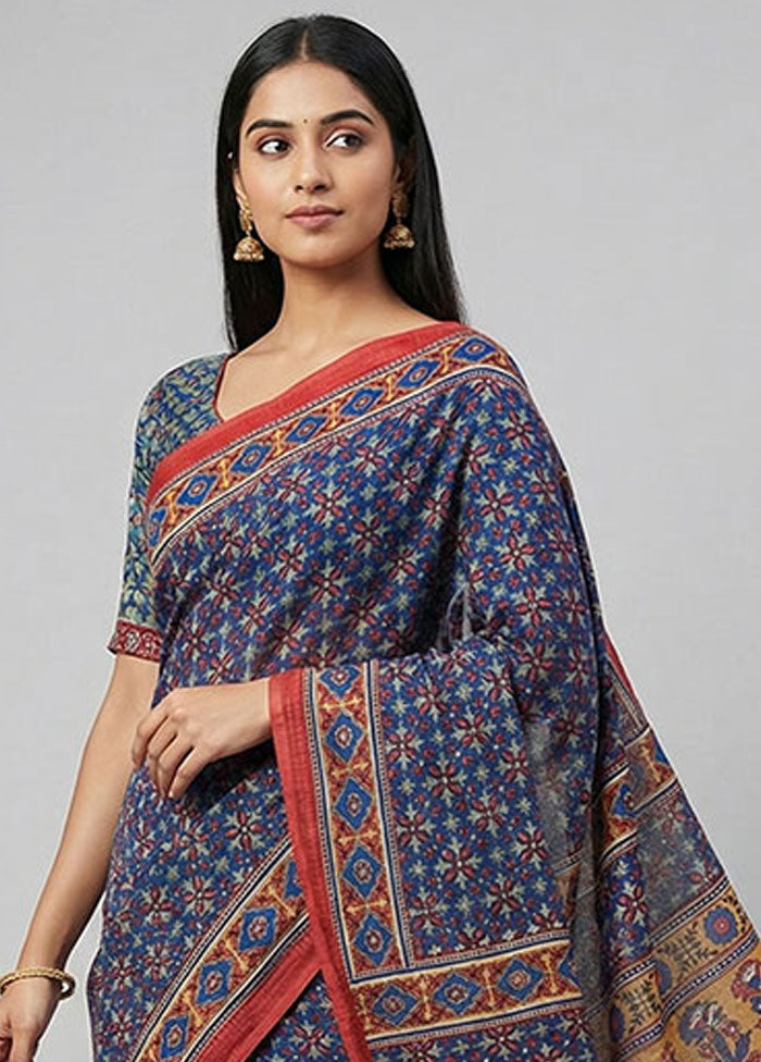 Blue Printed Pure Silk Saree Without Blouse Piece