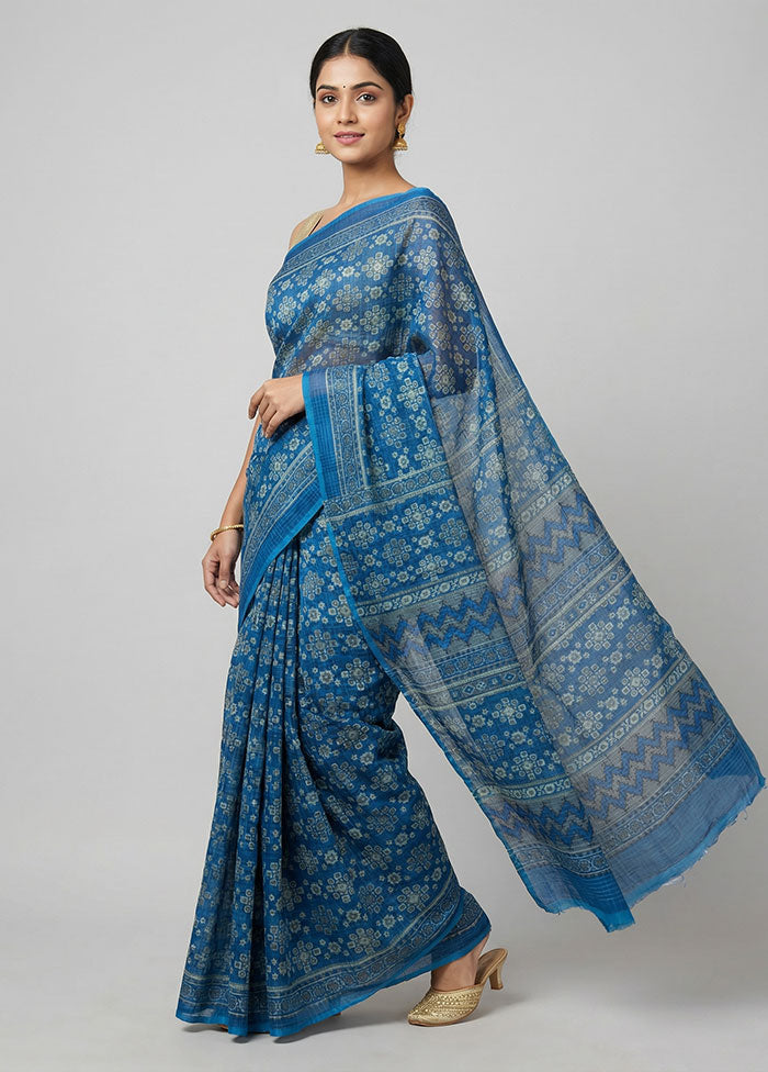 Blue Printed Pure Silk Saree Without Blouse Piece