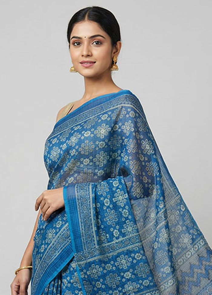 Blue Printed Pure Silk Saree Without Blouse Piece