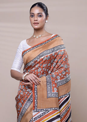 Orange Printed Silk Saree Without Blouse Piece