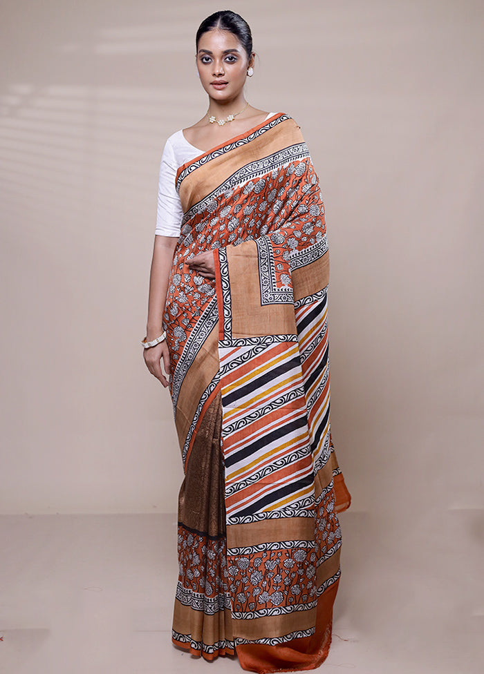 Orange Printed Silk Saree Without Blouse Piece