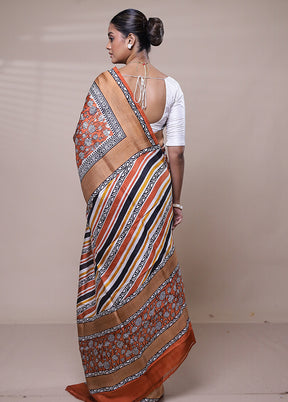 Orange Printed Silk Saree Without Blouse Piece