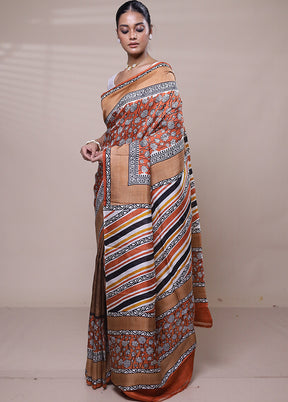Orange Printed Silk Saree Without Blouse Piece