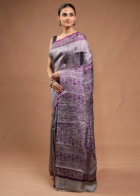 Grey Printed Silk Saree Without Blouse Piece