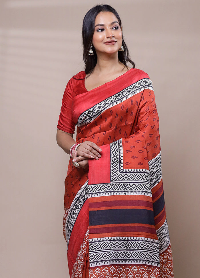 Red Printed Silk Saree Without Blouse Piece