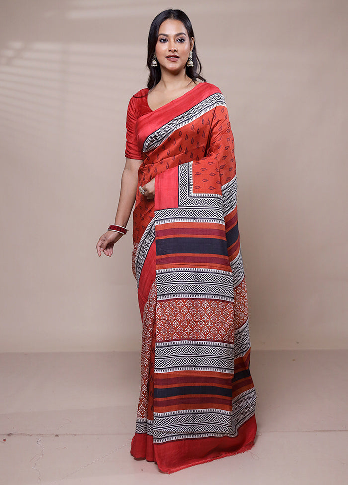 Red Printed Silk Saree Without Blouse Piece