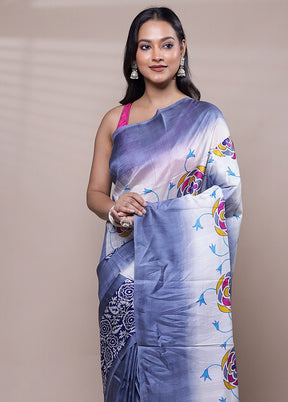 White Printed Silk Saree Without Blouse Piece