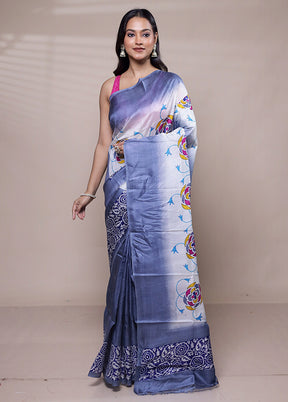 White Printed Silk Saree Without Blouse Piece