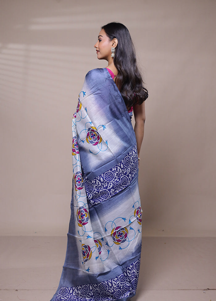 White Printed Silk Saree Without Blouse Piece